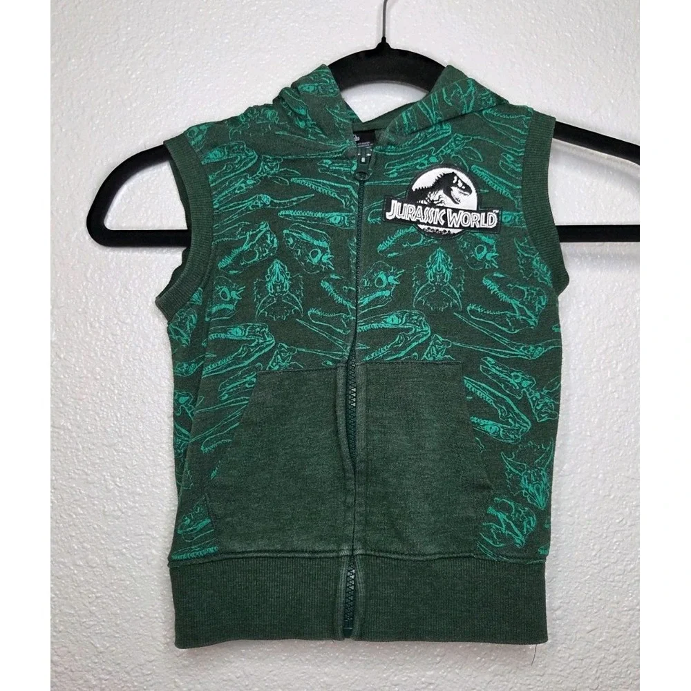 Jurassic World Toddler Hoodie Vest 3T Green Dinosaur Print Zip Up‎